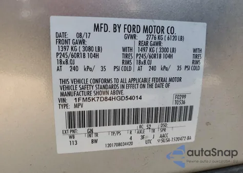 2017 Ford Explorer Xlt из США, поврежденный, VIN 1FM5K7D84HGD54014